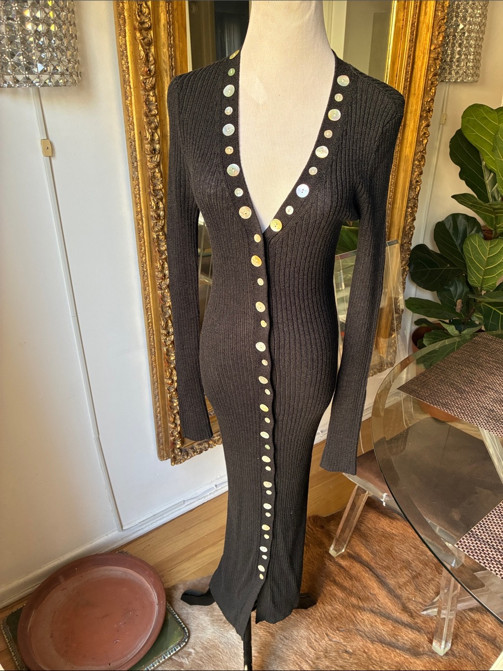 STAUD Black Ribbed Maxi Dress with Mother-of-Pearl Buttons small